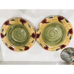 Pier 1 Elizabeth Dinner Plates SET of 2 Floral Green Yellow Blue Floral 11 1/2”